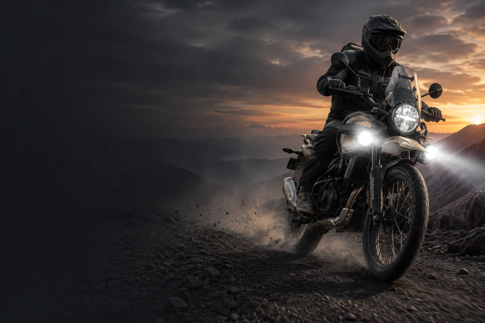Maddog auxiliary lighting on a motorcycle at dusk